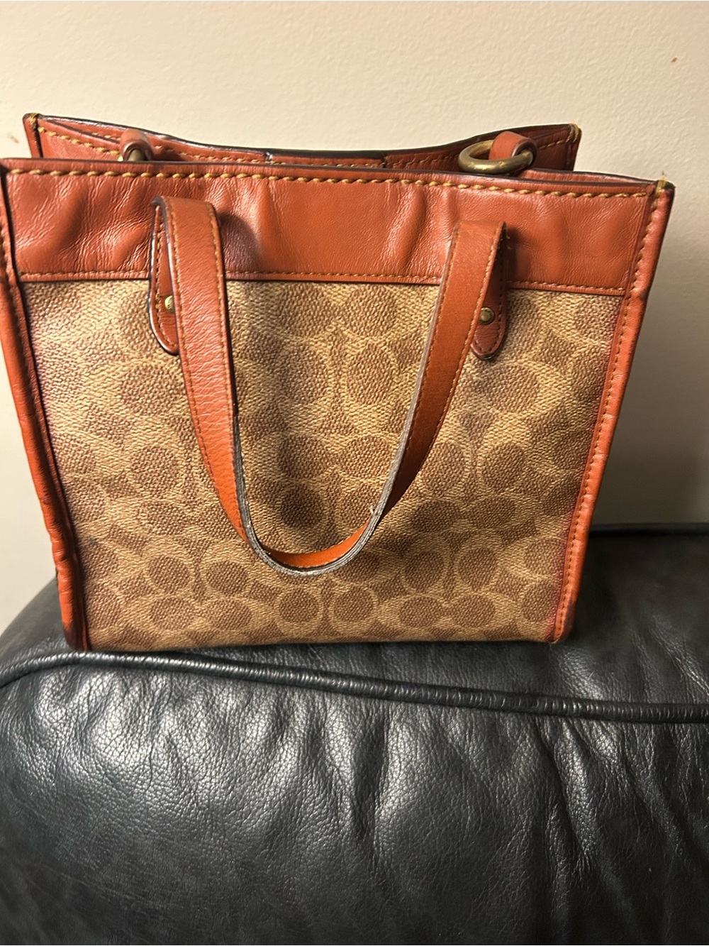 Coach Brown Signature Leather Tote with Cognac Trim